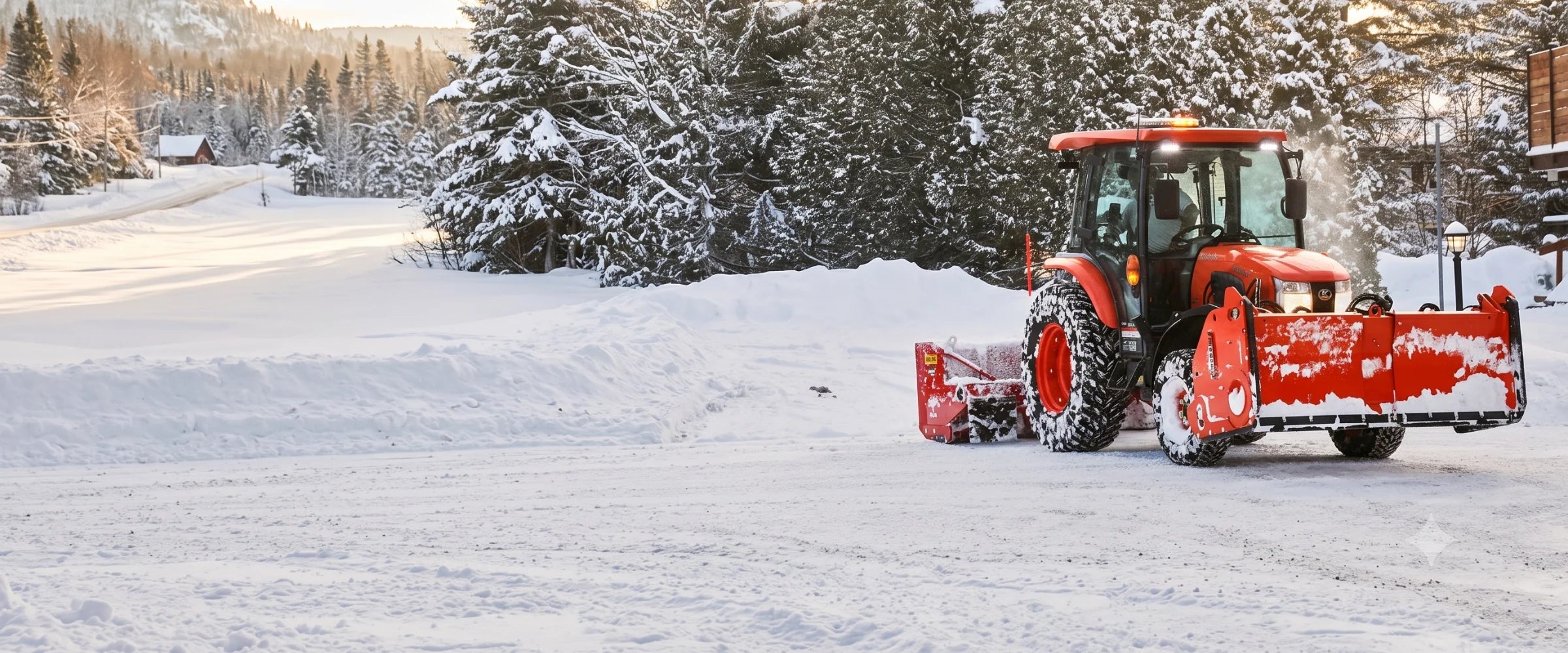 Kubota tractor with a snowblower clearing a driveway in winter