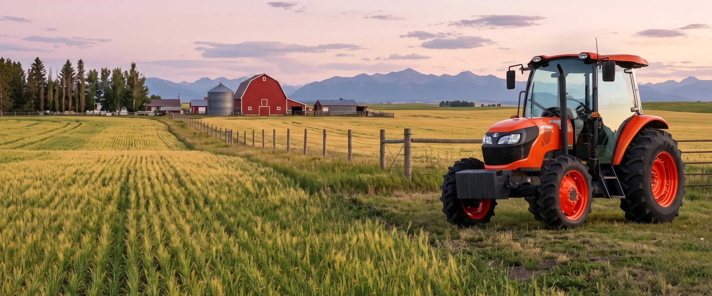 Kubota M7060 tractor in a field at sunset