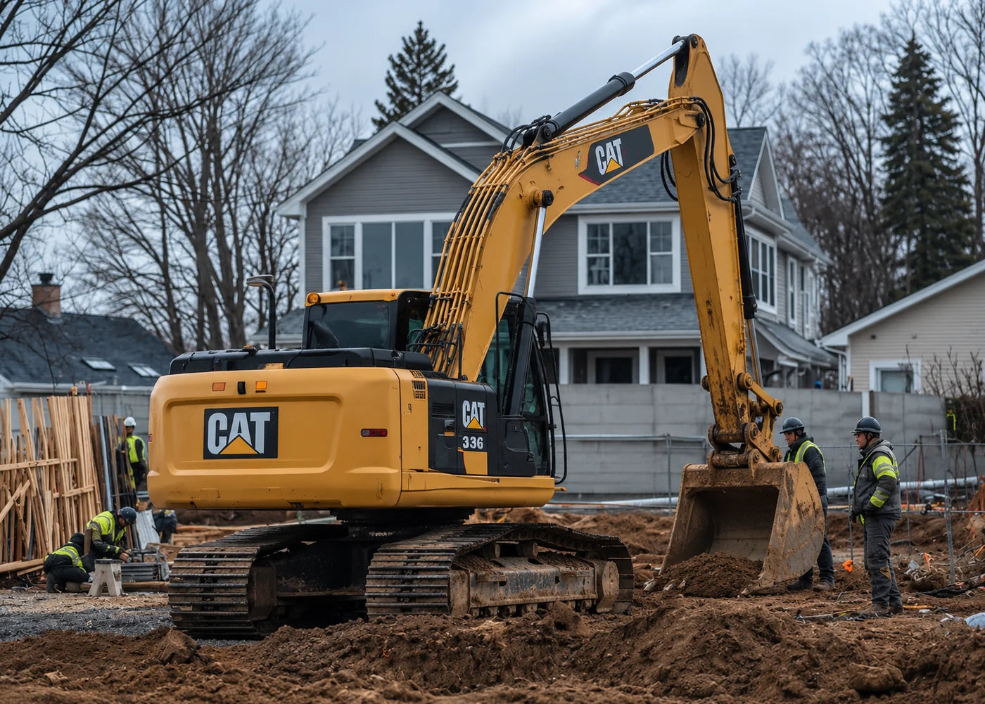 Excavatrice Caterpillar 336 sur un chantier résidentiel, équipe au travail