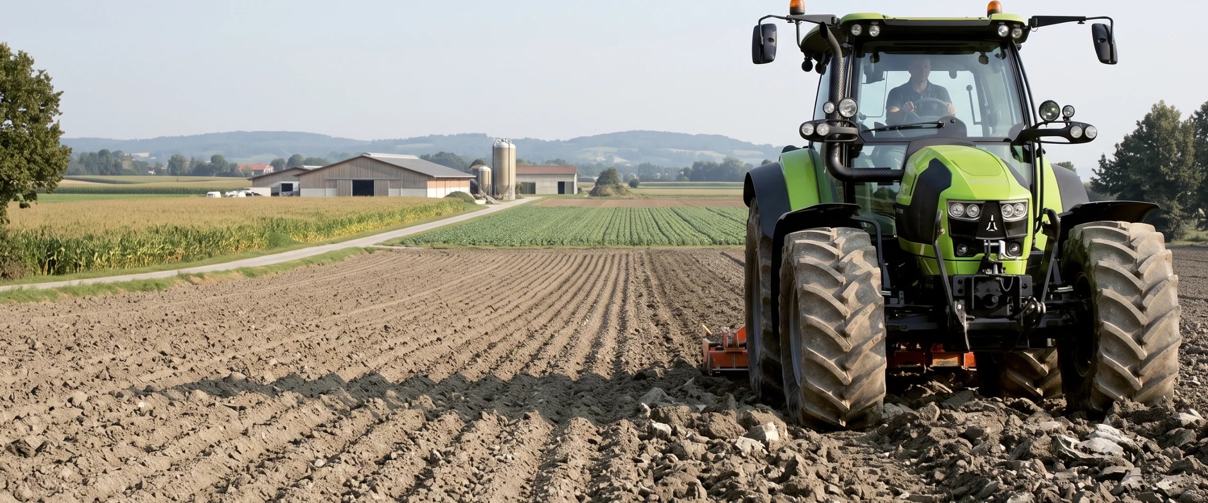 Green Deutz-Fahr tractor ploughing a field on the farm