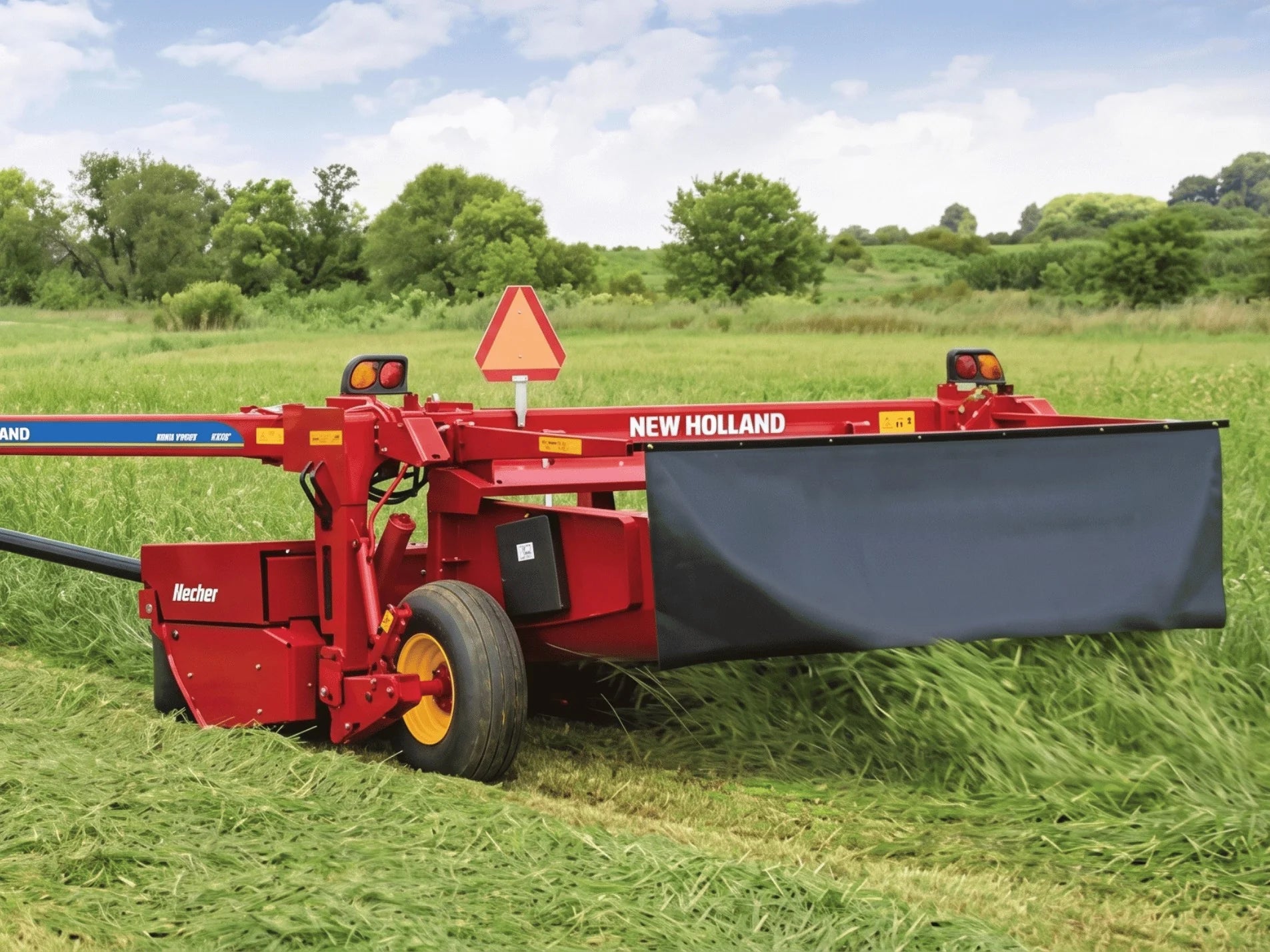 Faucheuse-conditionneuse à disques New Holland bleue coupant un champ de foin, machinerie agricole usagée Les Équipements Daigle