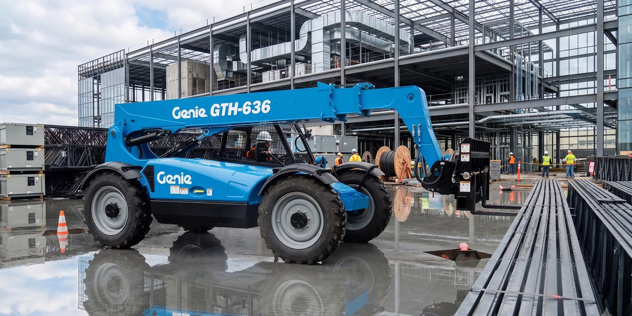Chariot télescopique Genie GTH-636 sur un chantier de construction