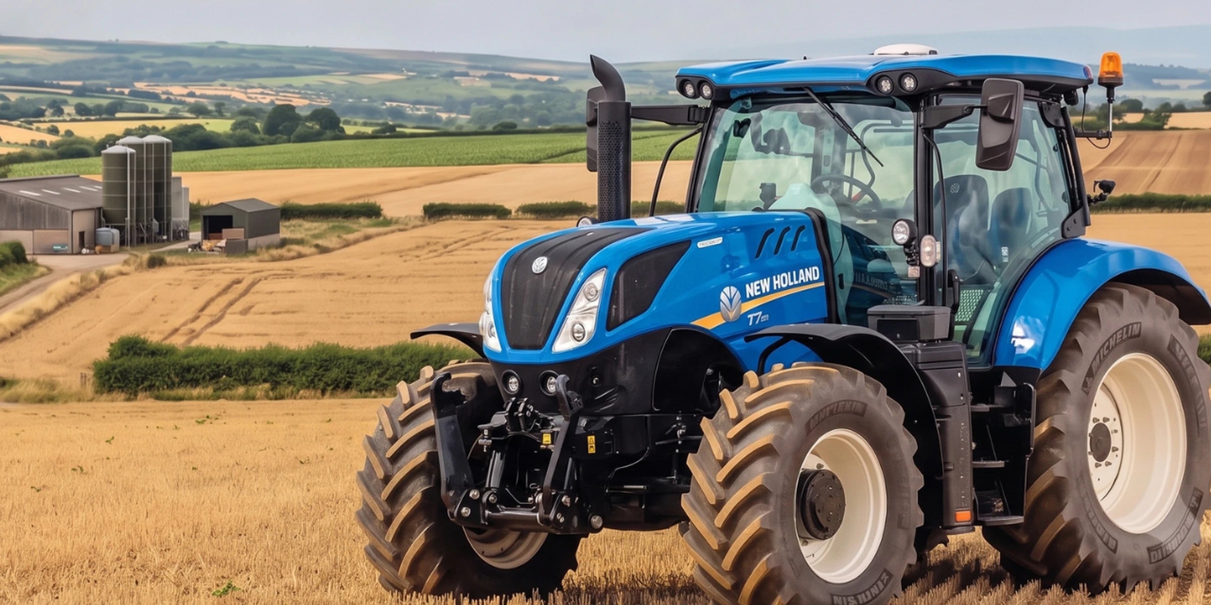 Tracteur New Holland T6 bleu dans un champ de céréales