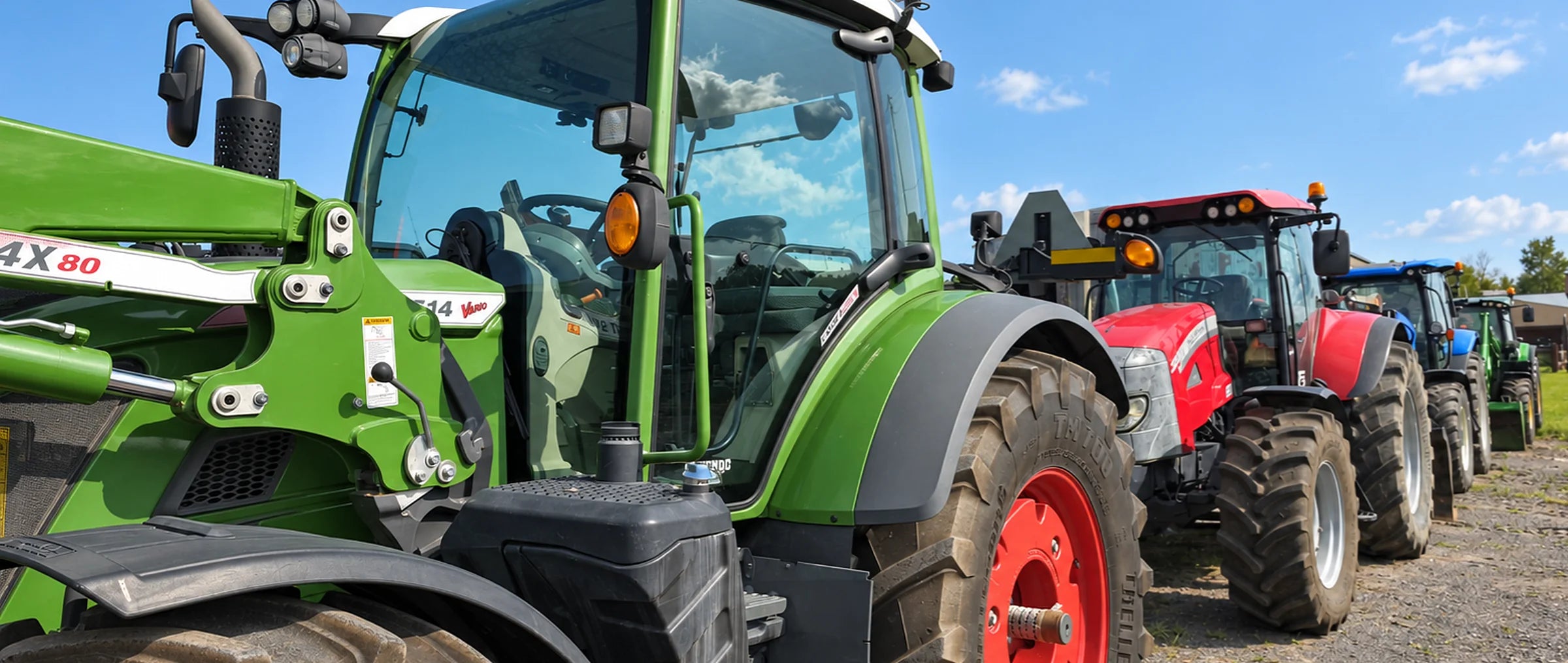 Tracteurs agricoles usagés alignés dans la cour des Équipements Daigle : Fendt, McCormick, New Holland et Deutz-Fahr