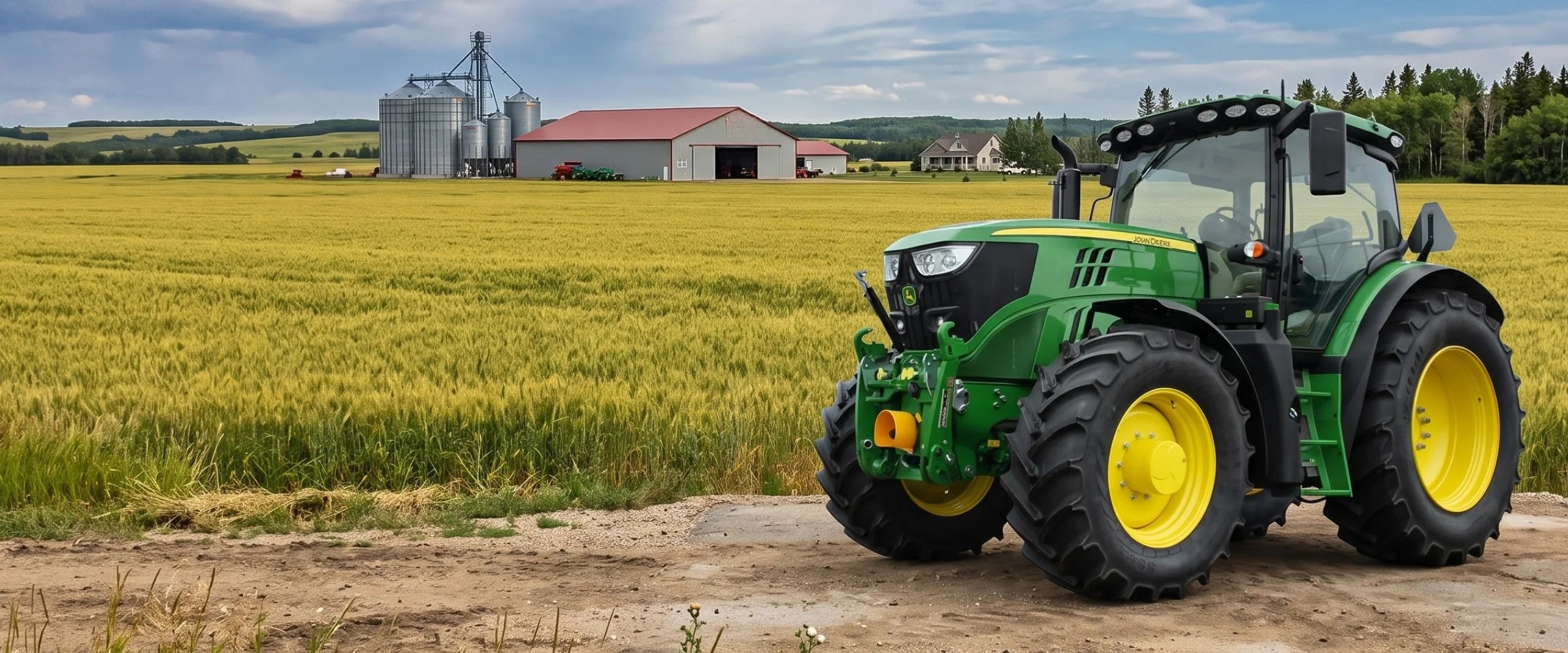 Tracteur John Deere en bordure d'un champ de céréales près d'une ferme