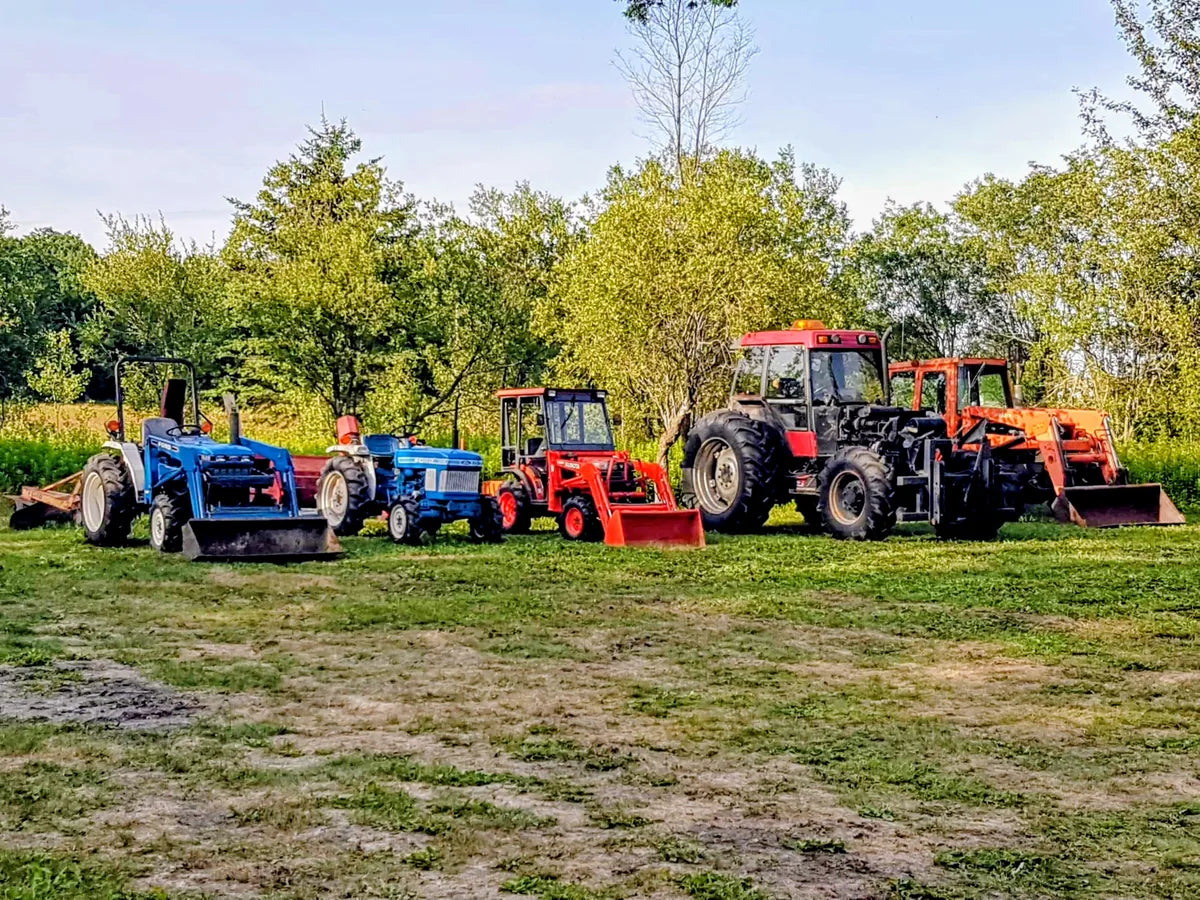 Premiers tracteurs usagés alignés sur la terre à bois des Équipements Daigle