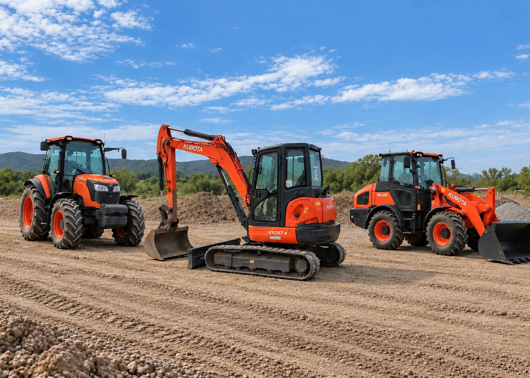 Used Kubota lineup: tractor, KX057-4 mini excavator and R1065 wheel loader