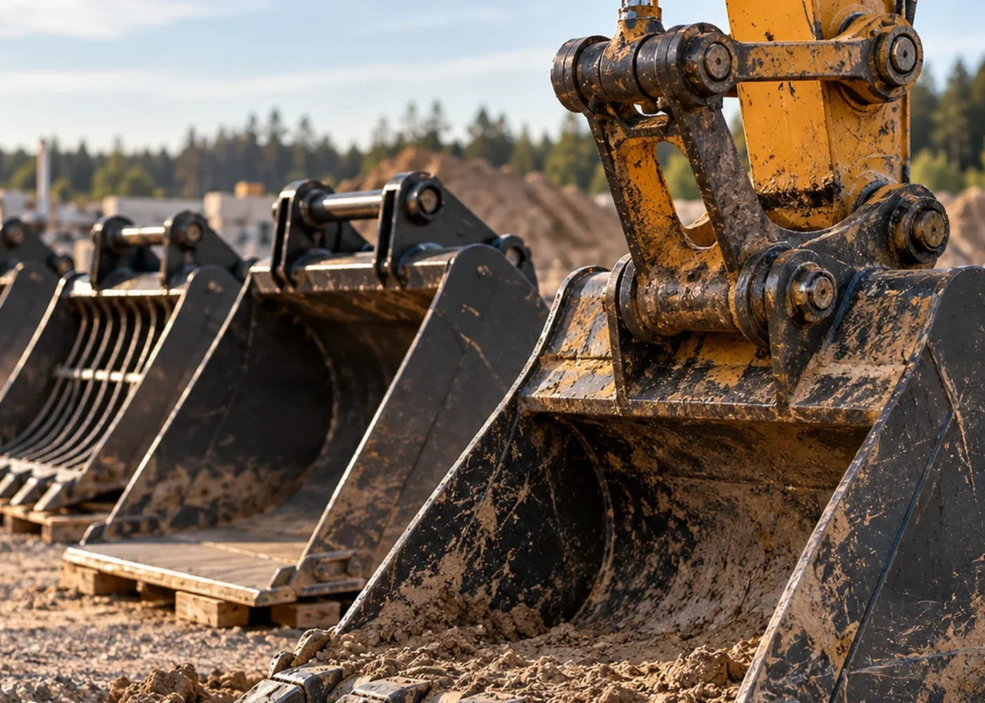 Used excavator buckets lined up on a job site