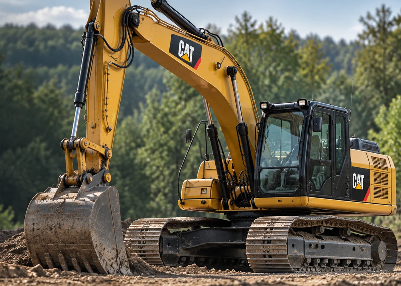 Yellow Caterpillar excavator on a job site, bucket on the ground
