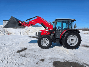 2019 Massey Ferguson 4707 with FL3615 loader raised, full side view, farm tractor for sale in Quebec