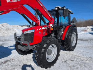 Front view of red Massey Ferguson 4707 with front guard and FL3615 loader