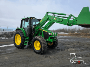 John Deere 6110M tractor with loader 3/4 view