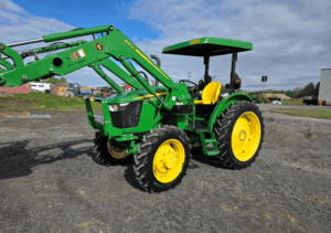 Close-up view of the 2022 John Deere 5075E with 520M loader.