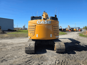 Rear view of the 2019 Case CX145D SR tracked excavator.
