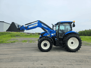 2022 New Holland T6.145 tractor with Quicke Q6M loader and bucket, side view, ready to work.