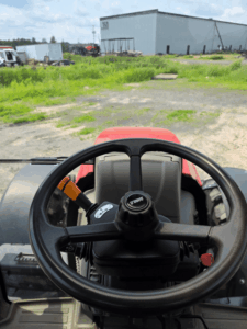 Operator's view from the driver's seat of a Case IH Maxxum 115